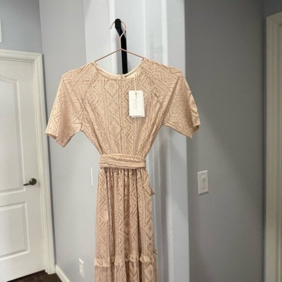 Tulle Jour Crochet Fringe Boho Western Elegant Lace Beige Pink Midi Dress XS - Picture 2 of 5